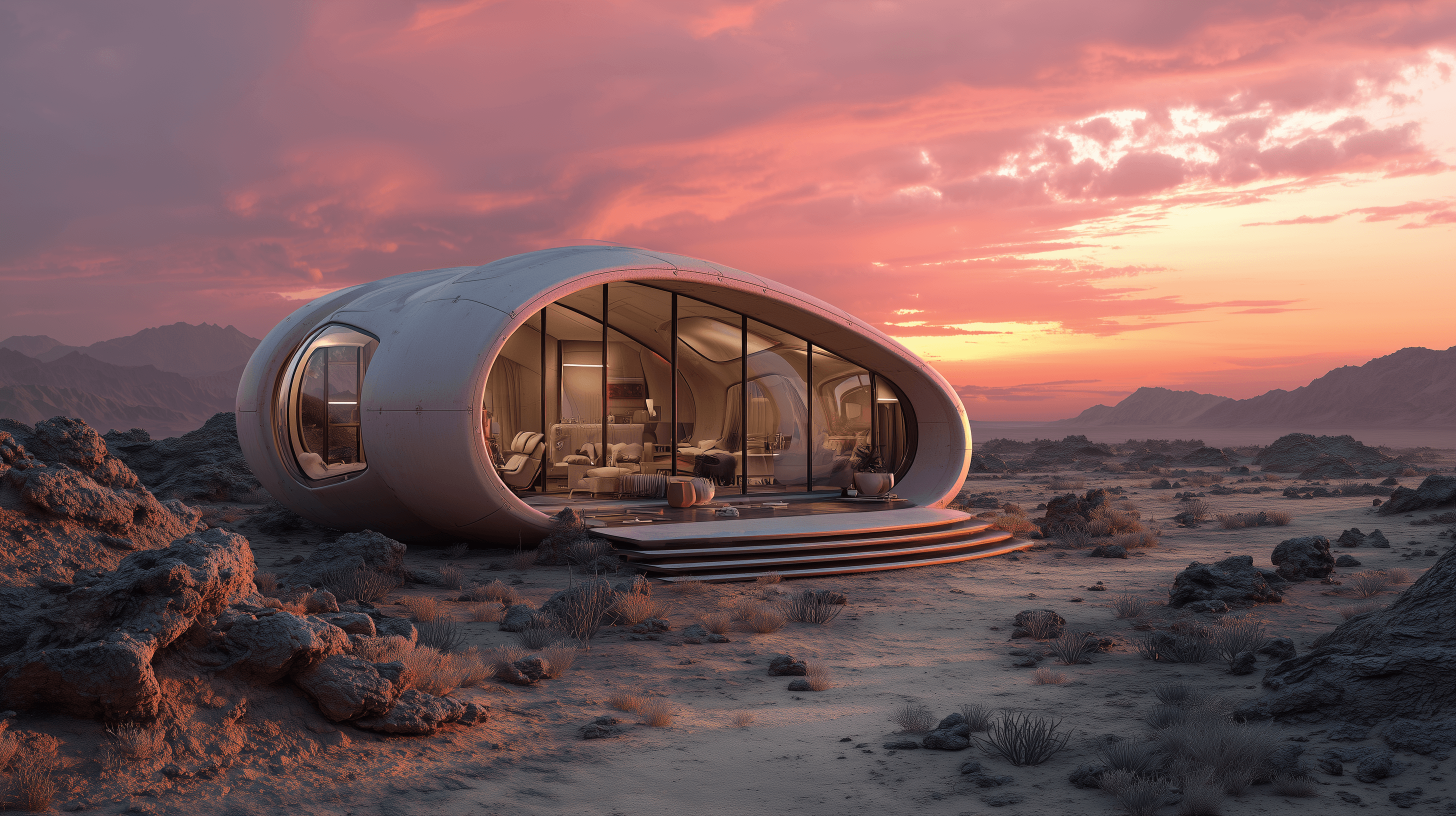 Futuristic oval pod with glass walls sits in a rocky desert at pink-orange sunset; warm-lit interior visible through the curved glass, with steps to the entrance.