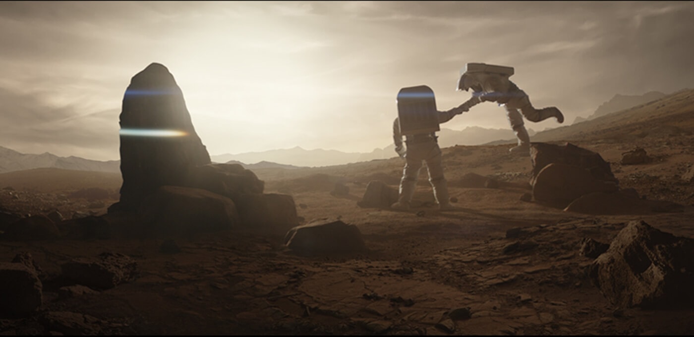 Two astronauts on a rocky alien world at sunset, one reaching to help the other near a tall rock pillar, with hazy sky and distant mountains.