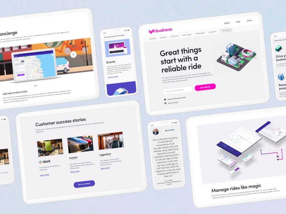 Collage of white rounded-rectangle UI mockups on a pale purple background, displaying website and app screens, dashboards, and success stories.