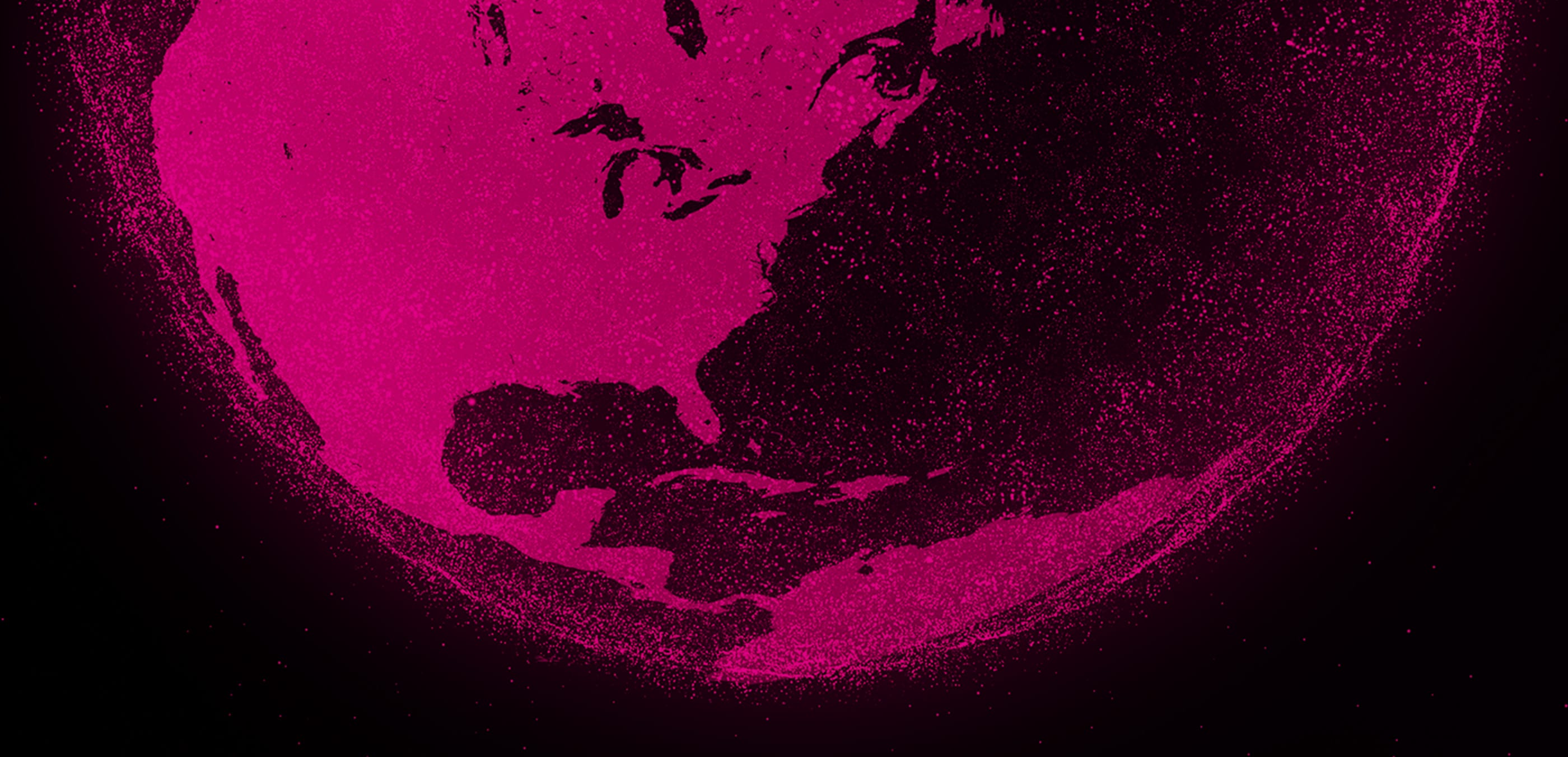 Partial magenta globe with a dotted texture showing the Americas, set against a dark background.