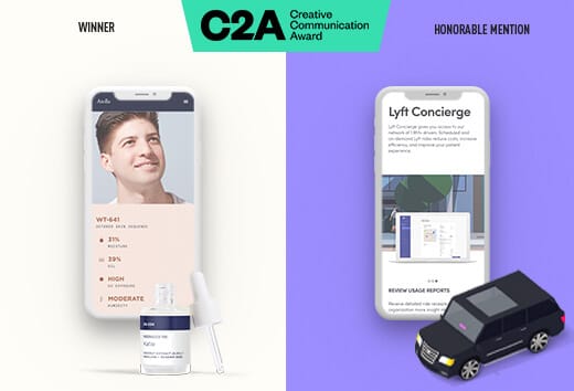 Split-panel award-themed image: left shows a person on a smartphone with skincare dropper bottle; right shows Lyft Concierge UI on a phone with a toy black SUV on purple background.