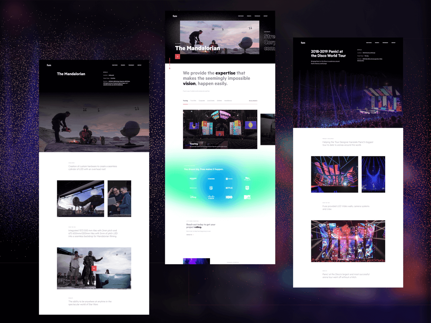 Collage of three overlapping dark-themed website screenshots on a starry purple background; left titled “The Mandalorian,” middle white content with gradient glow, right concert tour page.