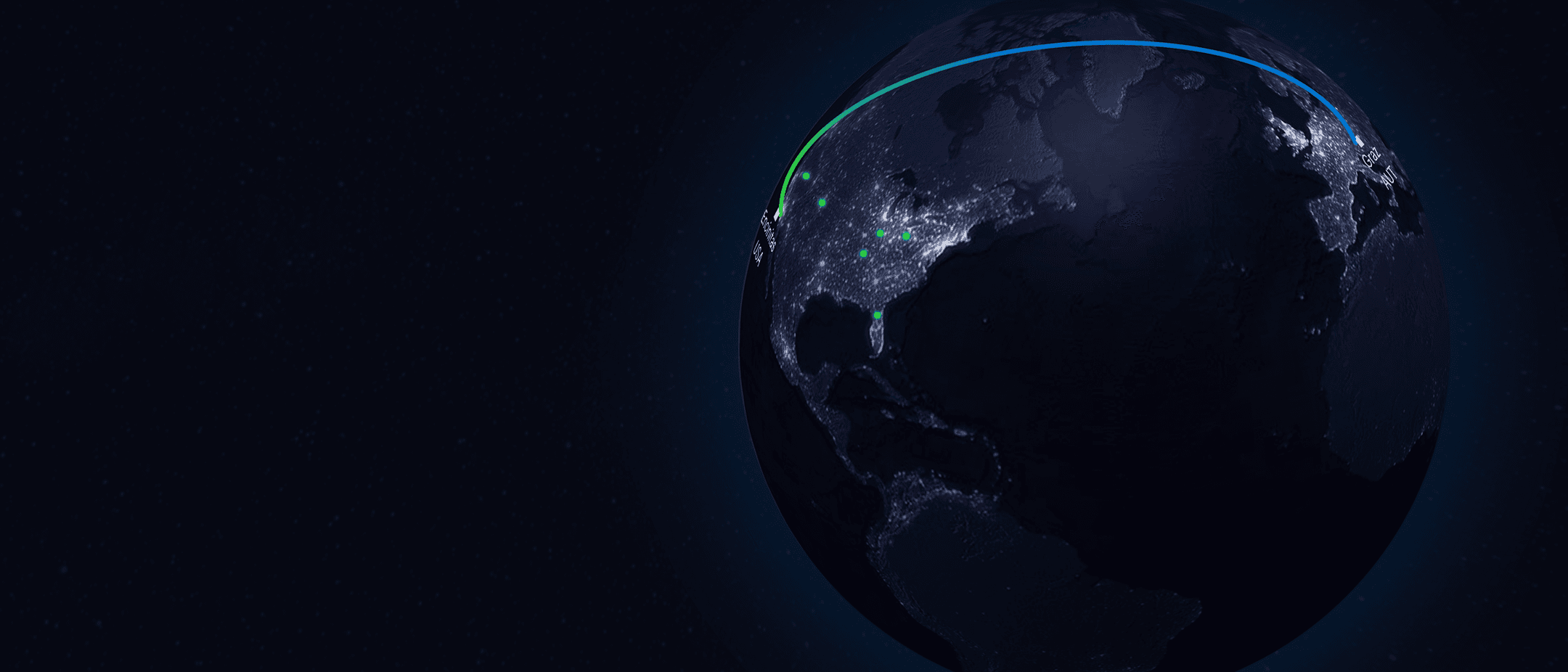 Nighttime space scene with a glowing Earth on the right, illuminated continents and city lights, crossed by a curved blue-to-green arc dotted with green nodes.