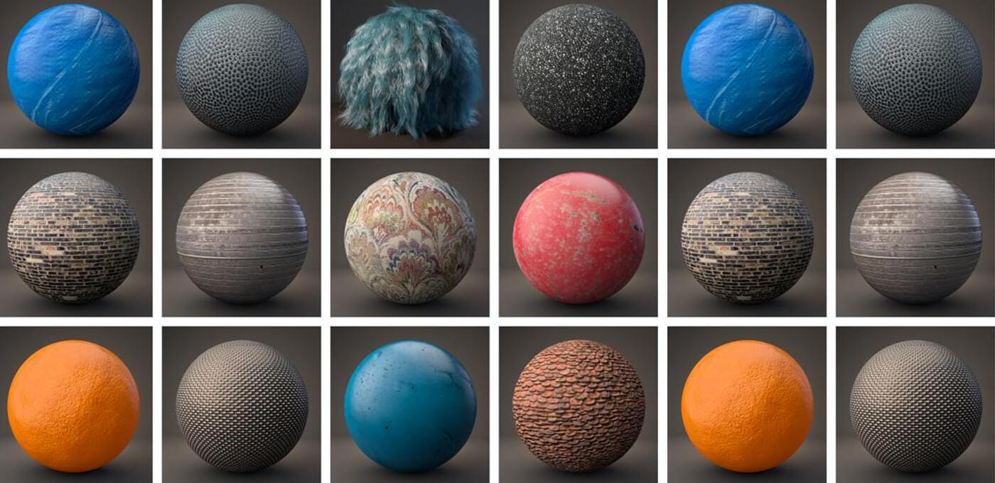 Grid of 18 spheres in 6 columns by 3 rows, with varied textures—blue, orange, fur, brick, floral, speckled, and smooth surfaces on a neutral background.