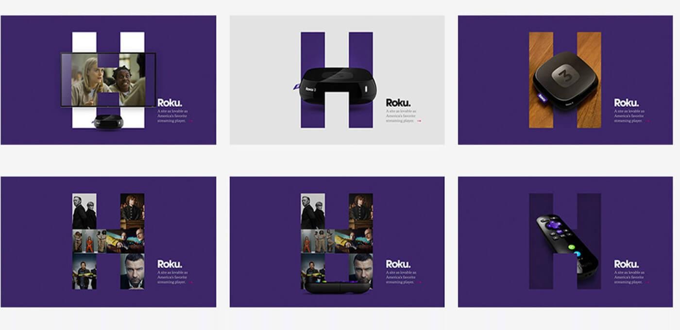 Six Roku ad banners in purple/gray, each with a large H shape and a streaming device surrounded by a collage of movie stills.