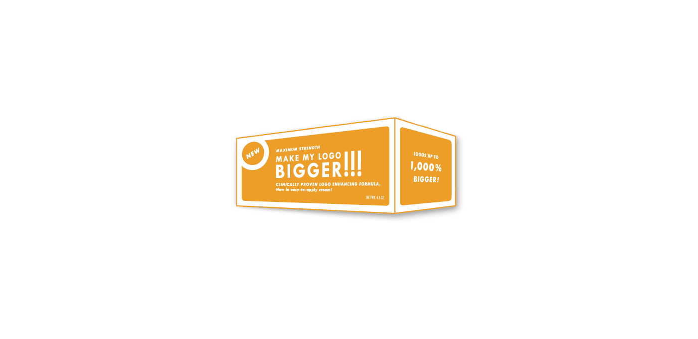 Orange promotional 3D box with white border, left panel showing “MAKE MY LOGO BIGGER!!!” and right panel reading “LOGOS UP TO 1,000% BIGGER!”.