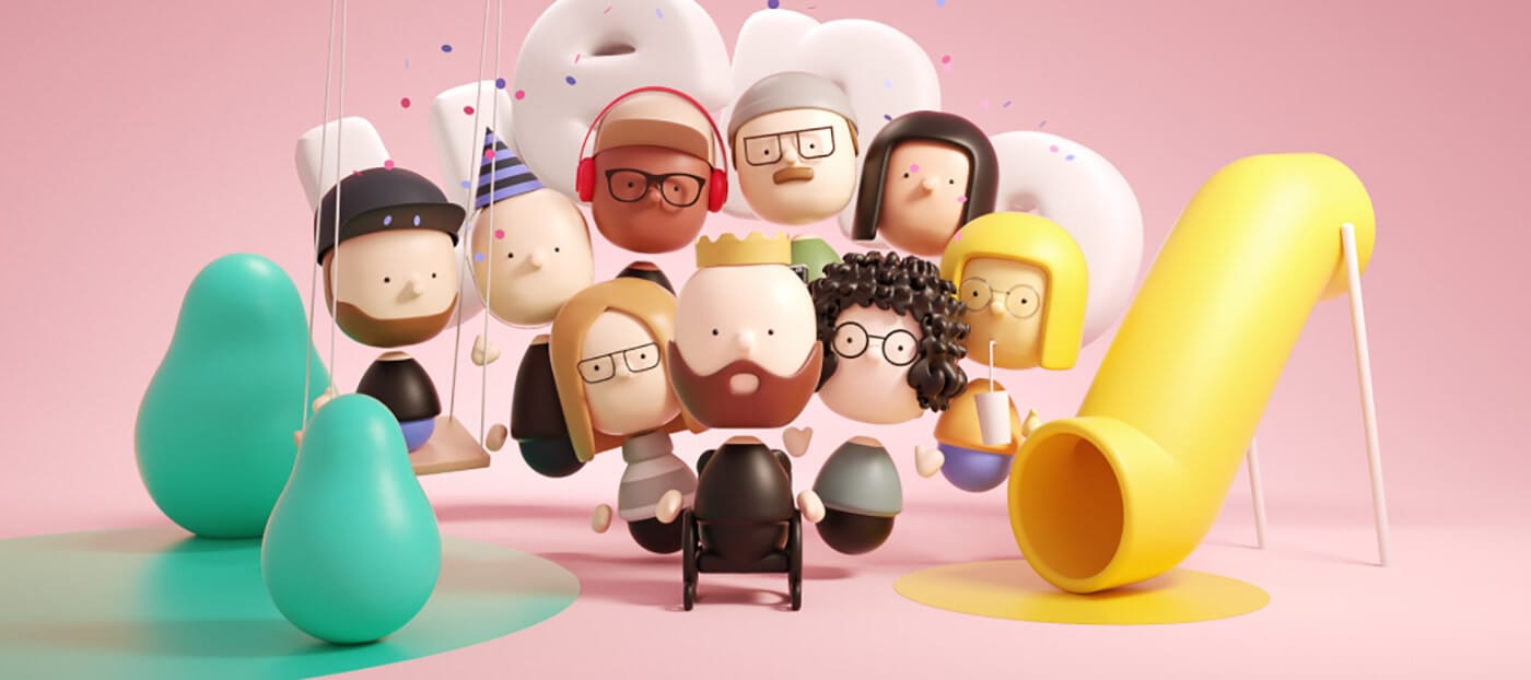 Colorful 3D crowd of diverse people surrounds a crowned figure in a wheelchair, against a pink backdrop with a yellow slide and confetti.