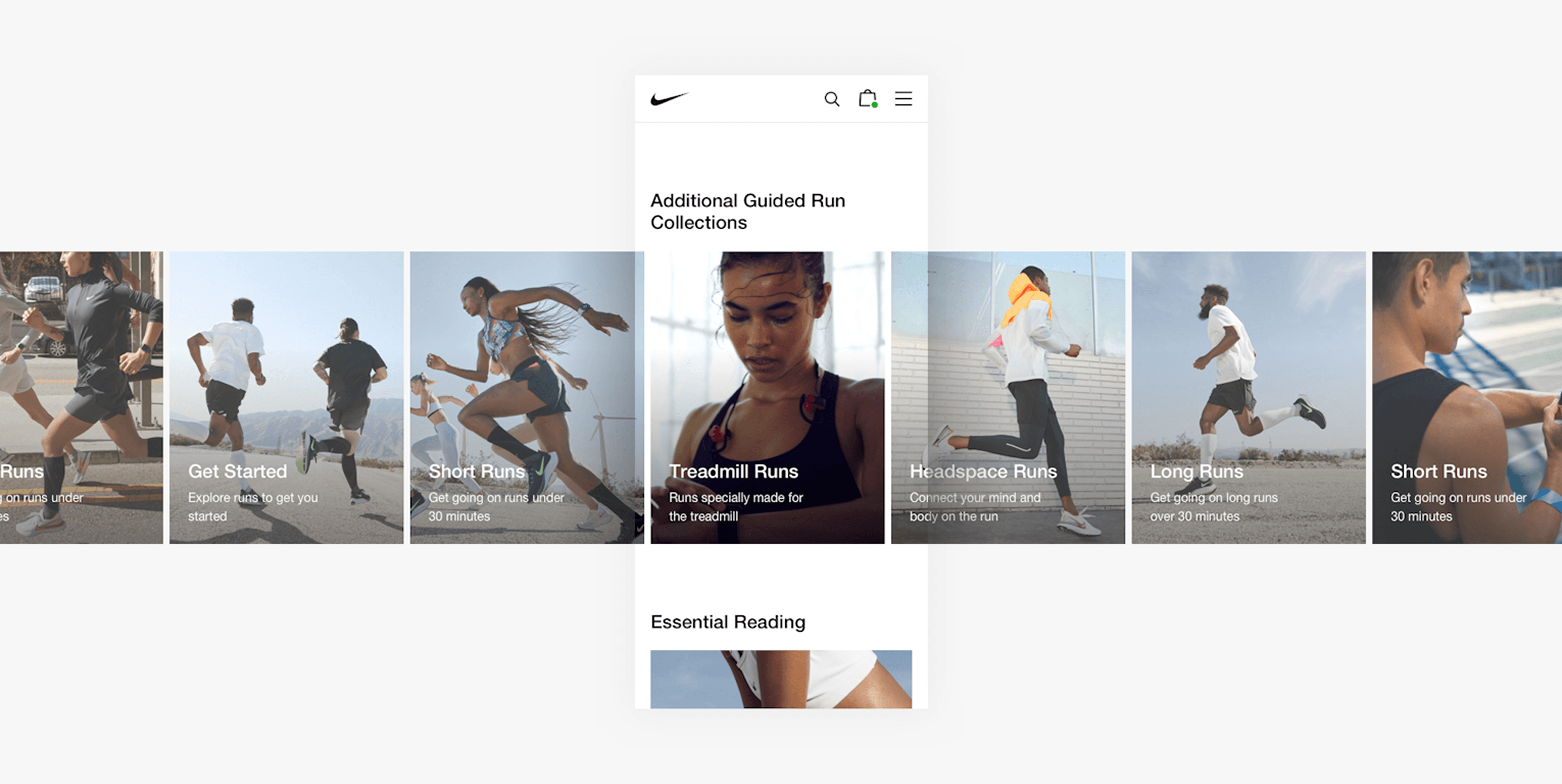 A screenshot of a Nike website or app interface displaying "Additional Guided Run Collections." The top section features a horizontal scroll of categories with images of runners, including "Get Started," "Short Runs," "Treadmill Runs," "Headspace Runs," and "Long Runs," each with a brief description. Below this, a section titled "Essential Reading" is partially visible. The Nike swoosh logo and navigation icons are at the top.