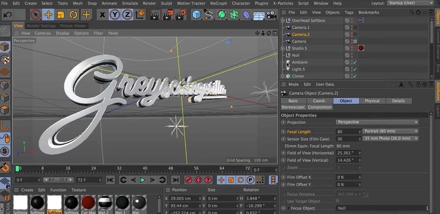 Glossy white cursive 3D text in a Cinema 4D–style interface, shown in the perspective viewport with panels for objects, materials, and properties.