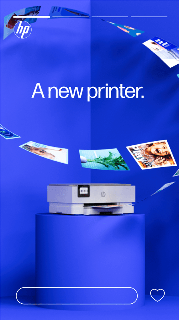 Blue promotional scene with an HP printer on a blue pedestal, surrounded by floating photos and the slogan 'A new printer.' HP logo top left.