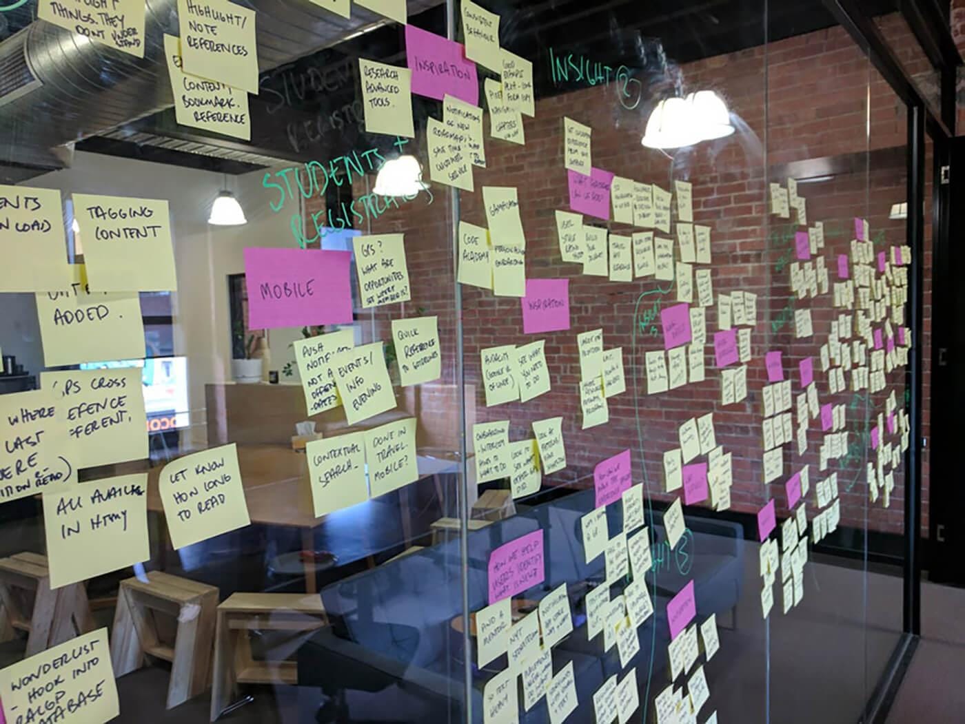 Glass wall densely covered with yellow and pink sticky notes; office space with a brick wall and hanging lights visible behind.