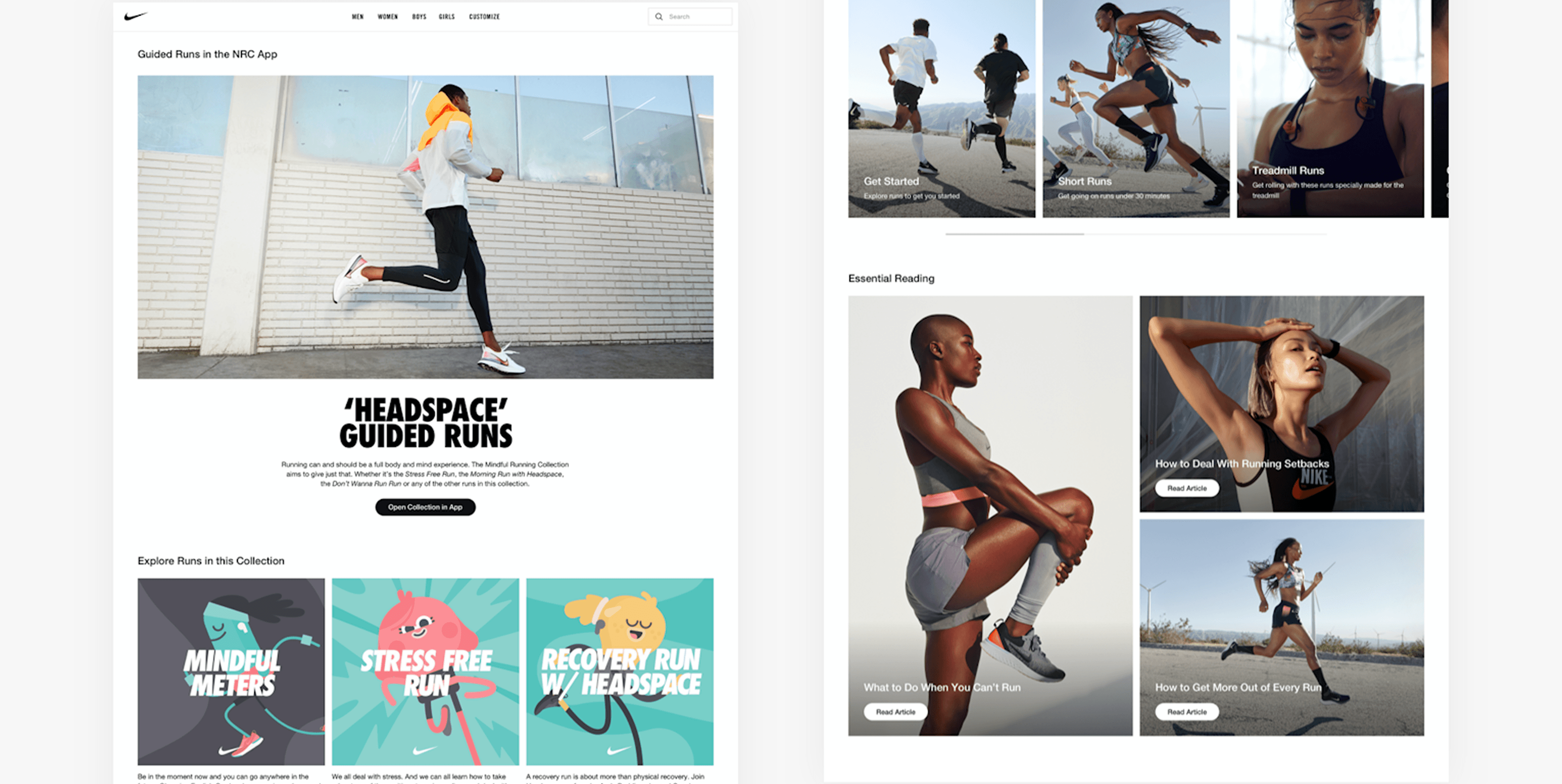 A side-by-side comparison of two web page designs for the Nike Run Club (NRC) app. The left page features "HEADSPACE' GUIDED RUNS" with a large image of a female runner and an "Explore Runs in this Collection" section with illustrated tiles for "MINDFUL METERS," "STRESS FREE RUN," and "RECOVERY RUN W/ HEADSPACE." The right page displays sections for "Get Started," "Essential Reading" with articles and images of athletes, including titles like "How to Deal With Running Setbacks" and "How to Get More Out of Every Run."