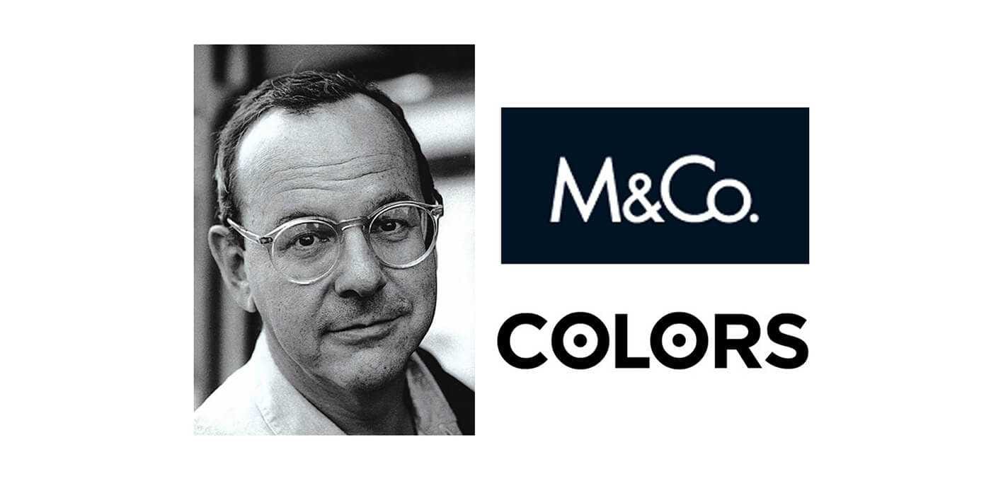 Black-and-white portrait of a person with round glasses on the left, beside a navy M&Co. logo and the bold word COLORS.