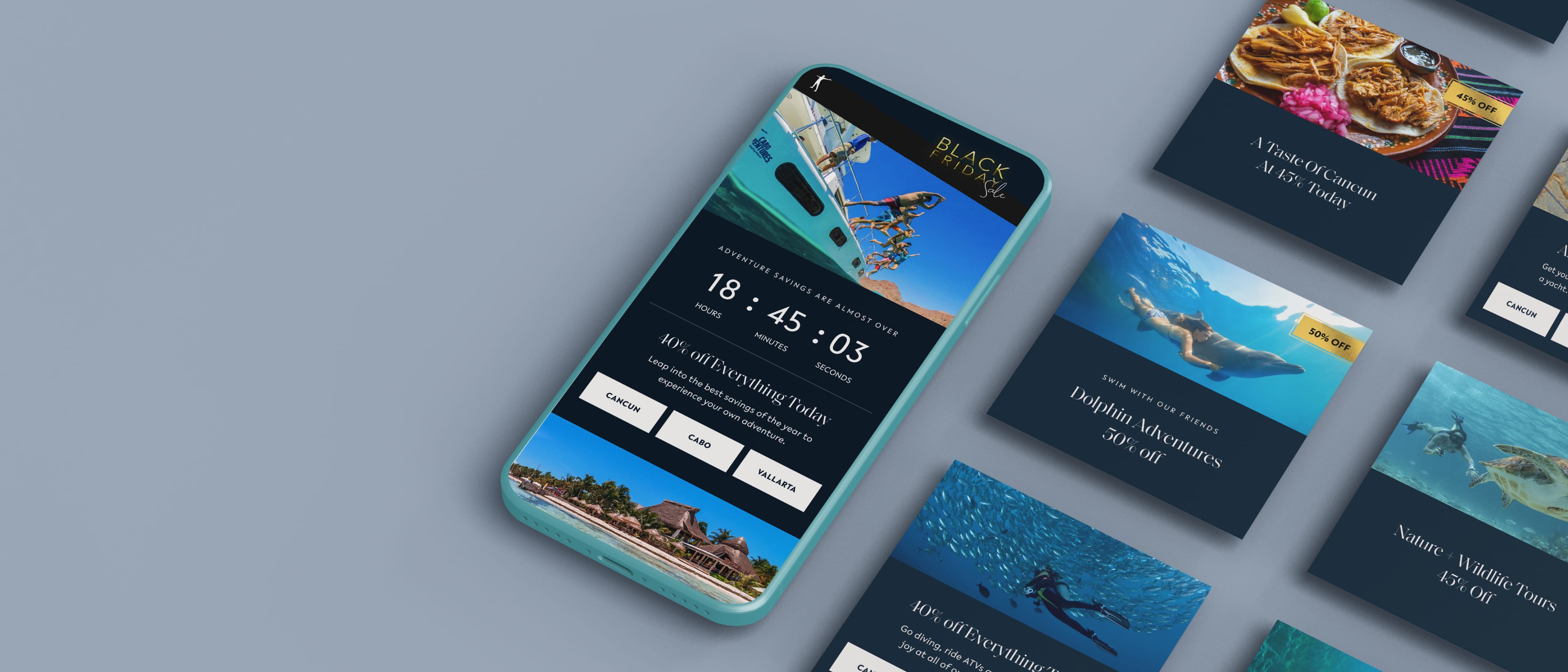 Teal smartphone on a gray background displays a travel promo with a countdown; navy cards show ocean adventures, beaches, dolphins, and destinations.