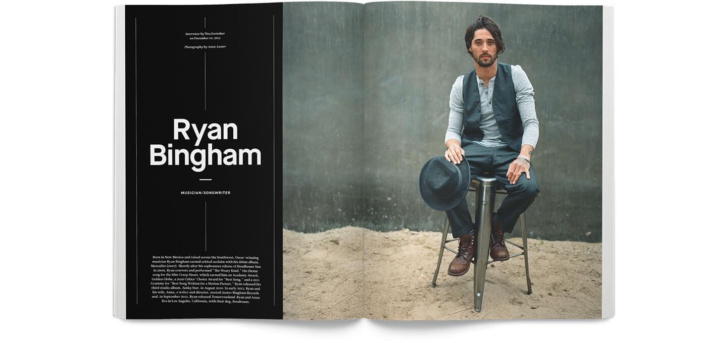 Magazine spread: left page black with Ryan Bingham; right page shows a person seated on a metal stool in a vest, gray shirt, boots, holding a hat against a concrete backdrop.