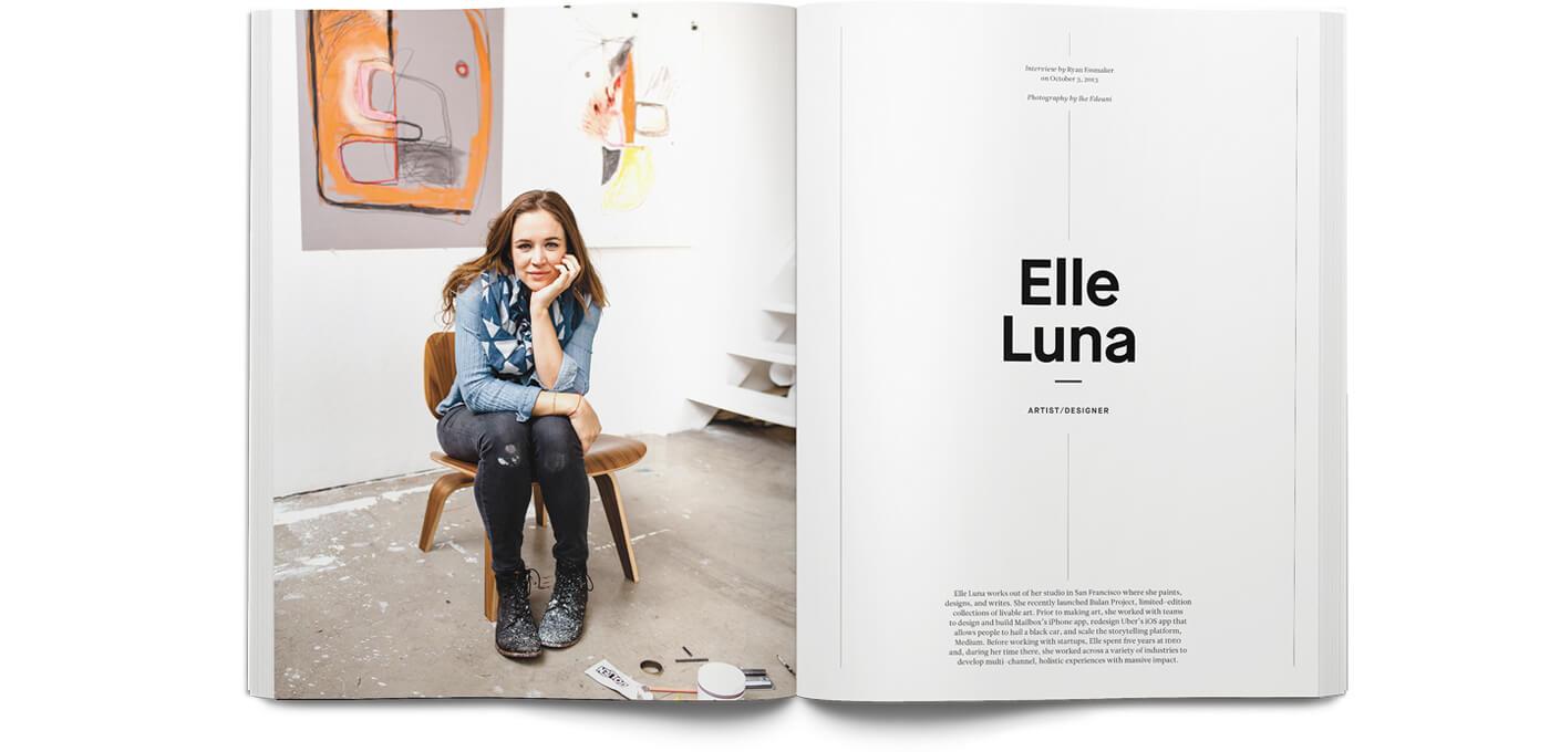 Two-page spread: left shows a person seated on a wooden chair in an art studio; right page features "Elle Luna" in bold with "Artist/Designer" subtitle.
