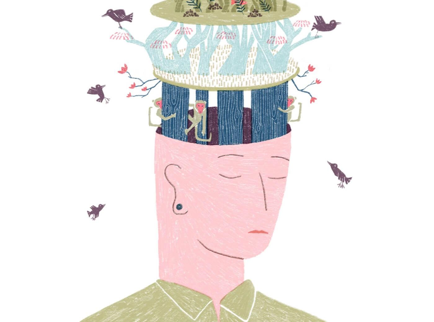 Whimsical illustration of a person with a pink face and closed eyes; their head is open to reveal a miniature landscape of trees, plants, and birds, wearing a green collared shirt.