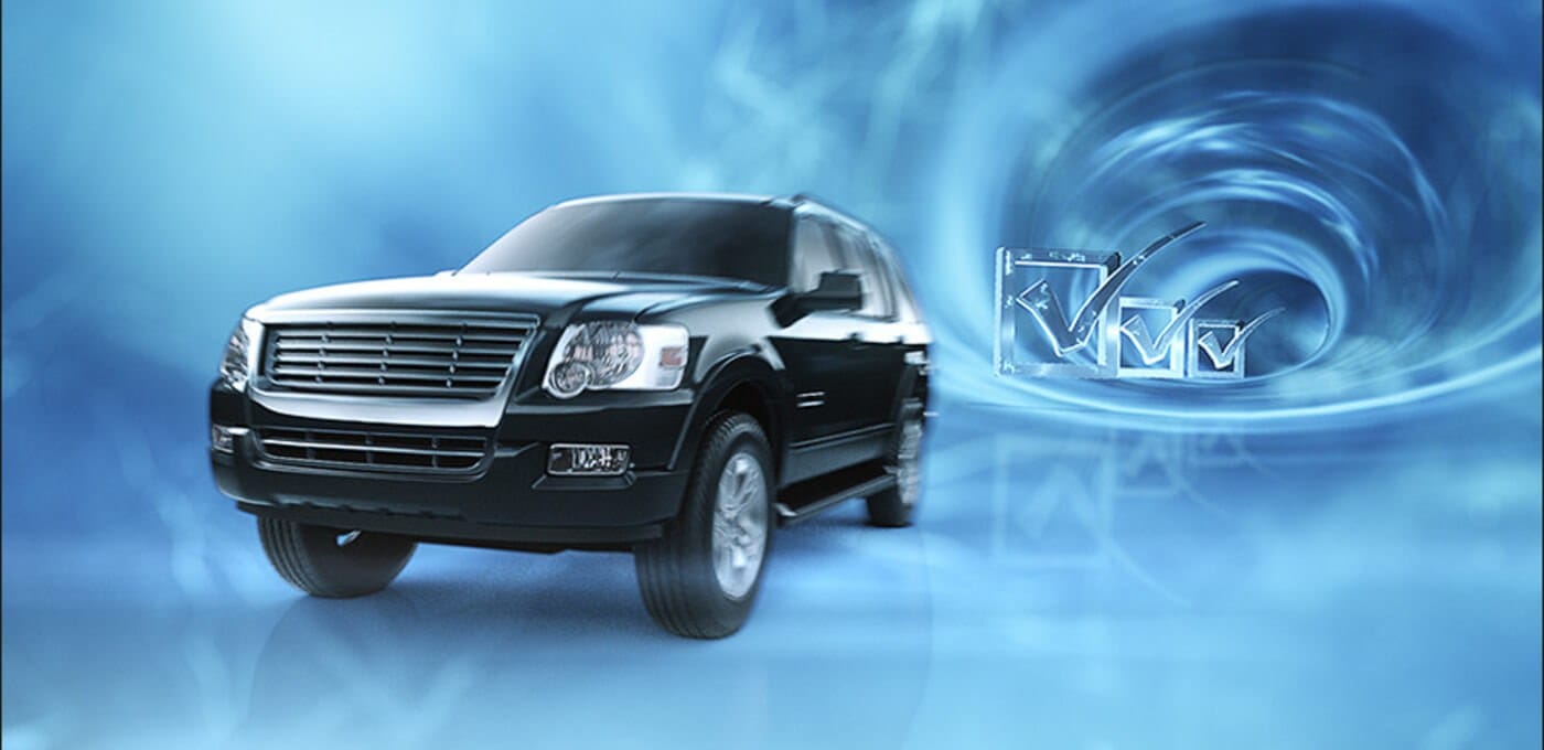A black SUV in the foreground on a blue swirl background with floating checkmark symbols.