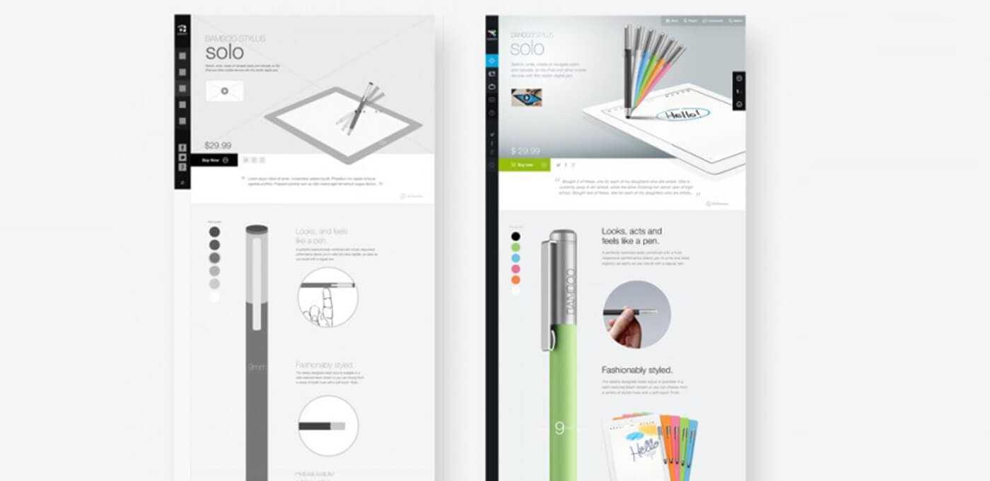 Two vertical product mockups for a pen/stylus named 'solo': left in grayscale, right in color, with swatches, diagrams and pen illustrations.
