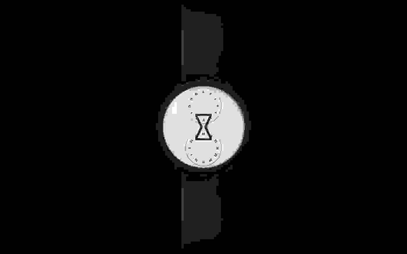 Pixelated wristwatch with a light gray dial displaying an hourglass icon and a black band against a black background.